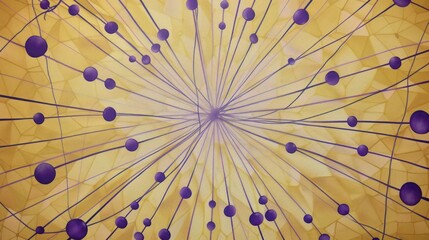 Muted lilac dots connected by deep purple lines on a sunburst yellow canvas, central text space