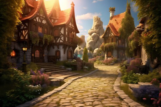 Fantasy Village Streets Generative Illustration