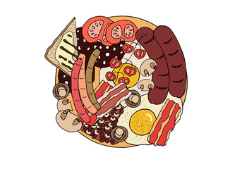 Traditional English breakfast in doodle style. Hand Drawn. Freehand drawing. Doodle. Sketch.