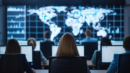 A group of people in a control room monitoring a large screen with global cyber threat alerts, high-resolution photo, realistic photo, cinematography