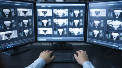 A person monitoring security cameras from a central control panel, high-resolution photo, realistic photo, cinematography