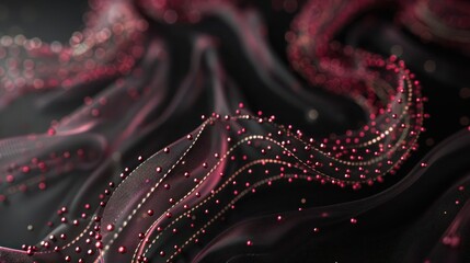 Ruby red dots joined by rose gold lines on a soft black canvas, upper center designed for text