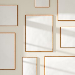 Gallery wall art decor, frames mockup. Empty canvas on white wall, neutral scene template FREE. 3D render