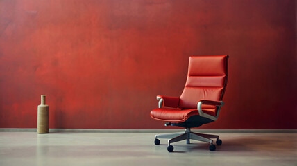 An elegant leather red office chair in front of the wall in the empty room copy space
