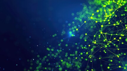 Neon green dots linked by bright yellow threads on a deep blue background, text area in the upper left