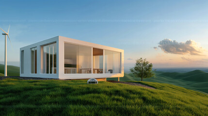 Modern Glass House with Wind Turbine on Green Hill and Clear Sky in Evening Light