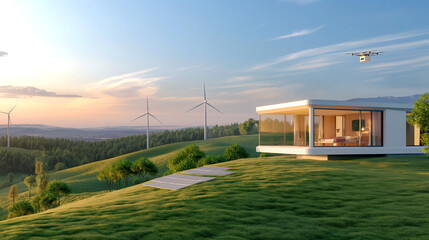 Obraz premium Modern Eco-Friendly Home in Scenic Hills with Wind Turbines and Drone at Sunset