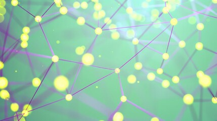 Neon yellow dots linked by deep purple lines on a soft mint background, upper center text area