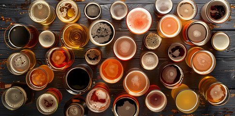 Overhead top down view of a collection of different glasses of beer ale and lager