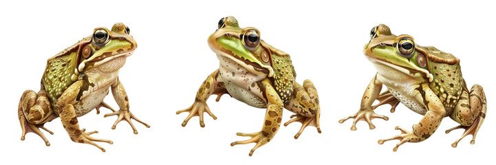 Set of A close-up of a frog with a green body and a frog with a brown body, both facing forward isolated on tranparent background