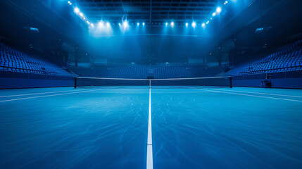 An empty blue tennis court bathed in the glow of stadium lights, anticipation hangs in the air, a perfect setting for a thrilling match