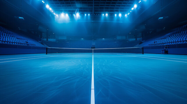An empty blue tennis court bathed in the glow of stadium lights, anticipation hangs in the air, a perfect setting for a thrilling match - Powered by Adobe