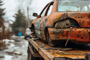 Broken vehicle on flat bed tow truck for roadside service