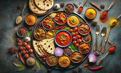 Indian Curry Platter: A vibrant Indian curry platter with bowls of different curries, naan bread, and a variety of colorful spices in the background.