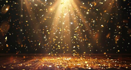 A spotlight shines on the stage, with golden confetti falling from above A blurred background of dark brown and black colors creates an atmosphere of celebration or award ceremony Generative AI