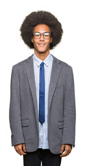 Young african american business man with afro hair wearing glasses with a happy and cool smile on face. Lucky person.