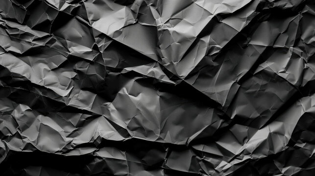 A high-definition close-up of crumpled and wrinkled monochrome fabric, highlighting intricate textures and patterns in folds that evoke a sense of abstract art and tactile beauty.