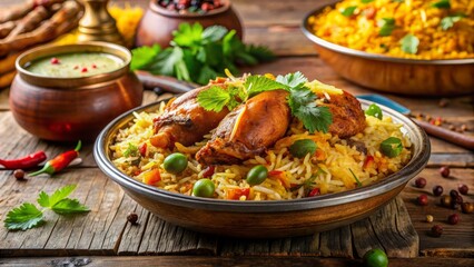 Fototapeta premium Chicken Biryani with Parsley in a Wooden Bowl, Indian Food, Rice, Chicken Leg, Biryani , biryani , indian food