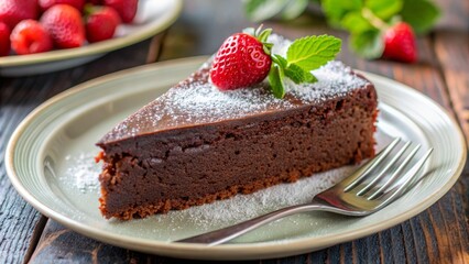 Chocolate Cake with Strawberry and Powdered Sugar on a Green Plate, chocolate cake, dessert, sweet, strawberry , ,