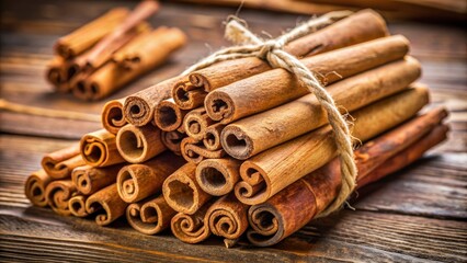 Cinnamon Sticks Bundle on Wooden Surface, close-up, rustic, spice, aroma , cinnamon, spice