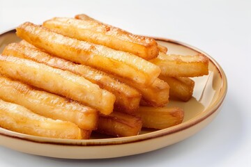 Close up of Singkong Goreng an Indonesian snack similar to Brazilian Mandioca Frita Served on a white background