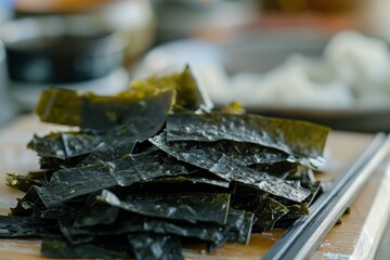 Close up of sliced dried seaweed on cutting board South Korea
