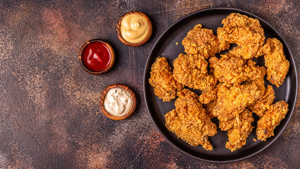 Fried chicken wings with various sauces.
