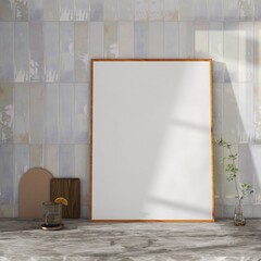 Modern wood frame mockup on kitchen countertop, with light reflection. Empty poster mock up closeup with blue zellige tiles. 3D render