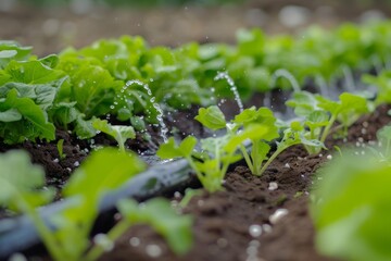 Close up of water saving drip irrigation in organic salad garden