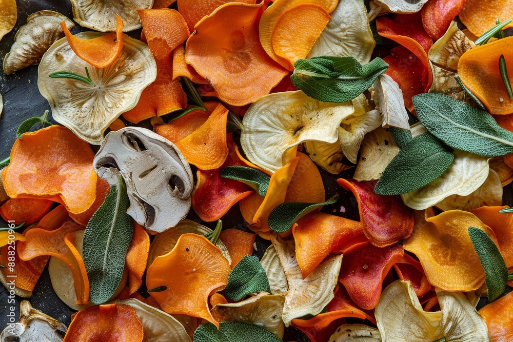 Sticker close up top shot of fresh vegetable chips