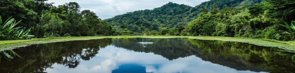 Tranquil Droplet-Shaped Lake Embracing Lush Greenery: Symbolizing Water Reuse and Recycling in a Sustainable Environment