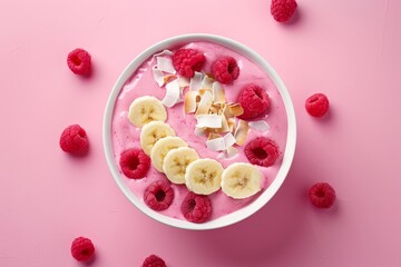 Close up top view of a smoothie bowl with raspberries banana and coconut chips on a pink background