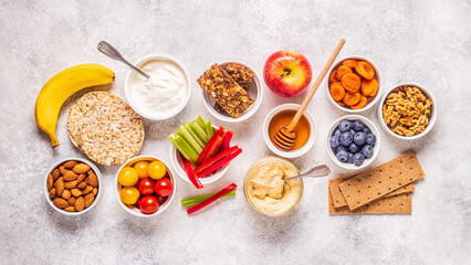 Healthy snack concept, top view.