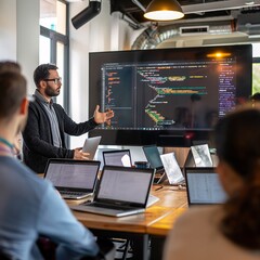 Professional instructor teaching a group of engineers programming using a large TV for display. Business people group meeting in office. 