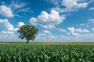 Obraz premium Corn field on sunny day with corn stalks and clouds in blue sky