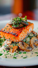 A delectable grilled salmon steak served atop a bed of fresh greens and saut&eacute;ed mushrooms, garnished with microgreens and accompanied by a creamy sauce, perfect for food lovers.
