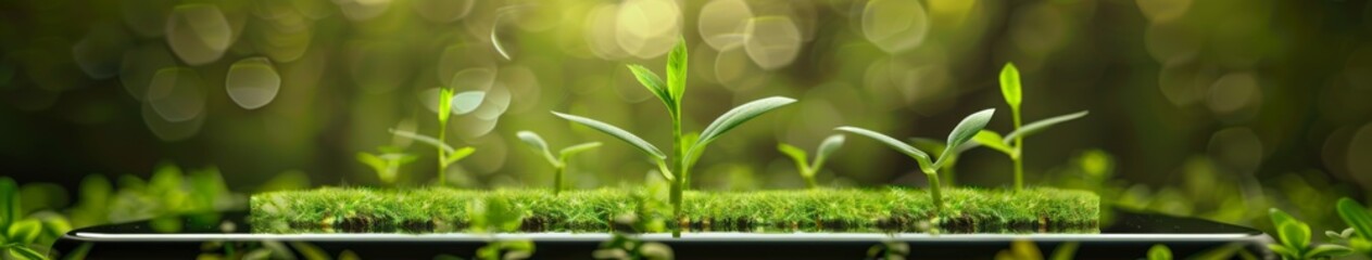 Fototapeta premium Green Growth and Business Sustainability: Smartphone Screen Illustrating Eco-Friendly Technology and Green Initiatives with Sprouting Grass Arrows