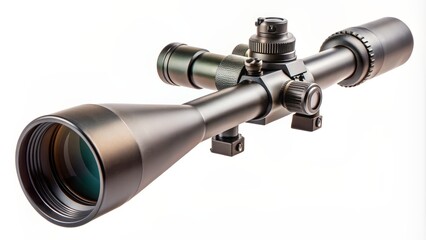 Close-Up Perspective of Modern Rifle Scope on White Background - Detailed Matte Black Optic, High-Tech Precision Equipment