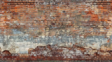 Naklejka premium Vintage red brick wall with wide rough grunge texture for design featuring panoramic view and large space for copy