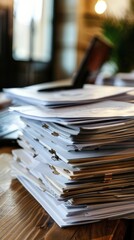 EU AI Regulation in Focus: Documentation Stack on Wooden Table Emphasizing Ethical AI Laws and Technology Safety Policies