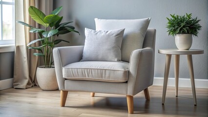 Cozy Grey Armchair with Pillows and Plants, home decor, living room, interior design, modern style