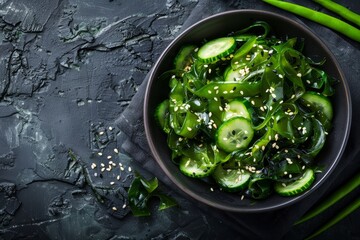 Obraz premium Cucumber and wakame salad on black background
