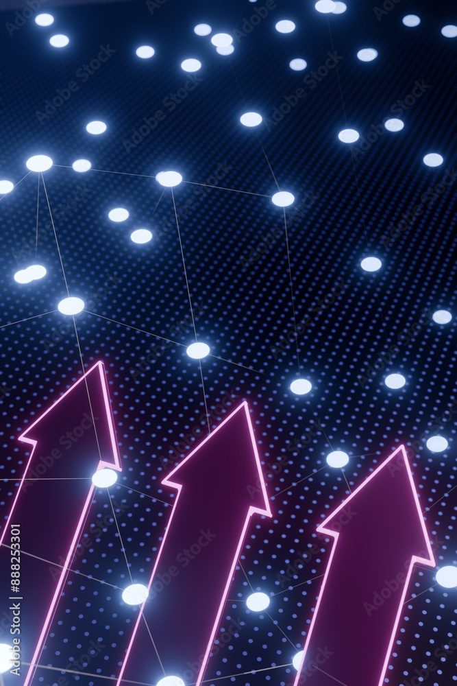 Poster benchmarking. neon arrows pointing upwards on a digital grid with glowing dots. 3d rendering