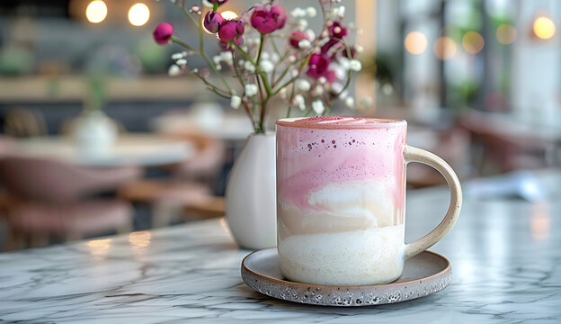 Pink matcha latte in a cafe. Generative by AI