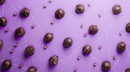 Rich chocolate dots connected by hazelnut lines on a vibrant lavender canvas, text area in the top center