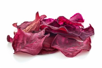 Dehydrated beetroot slices on white background