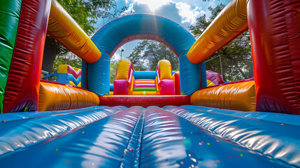 Colorful inflatable bounce house under sunny skies. Generative by AI