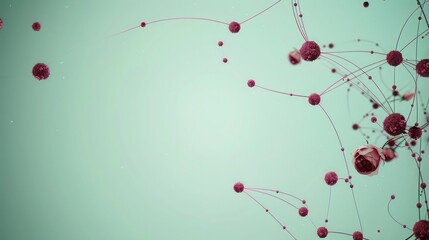 Rich maroon dots linked by rose threads on a pale turquoise backdrop, text area in the lower right