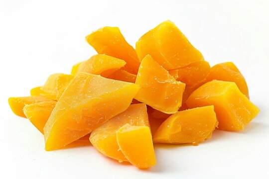 Dehydrated mango chips on white background Chewy texture with satisfying bite