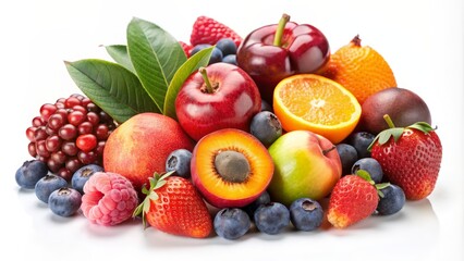 Obraz premium Fresh Colorful Fruit Assortment with Green Leaves, Close-up Photography of Various Berries, Apples, Citrus, and Plums, White Background, Healthy Eating